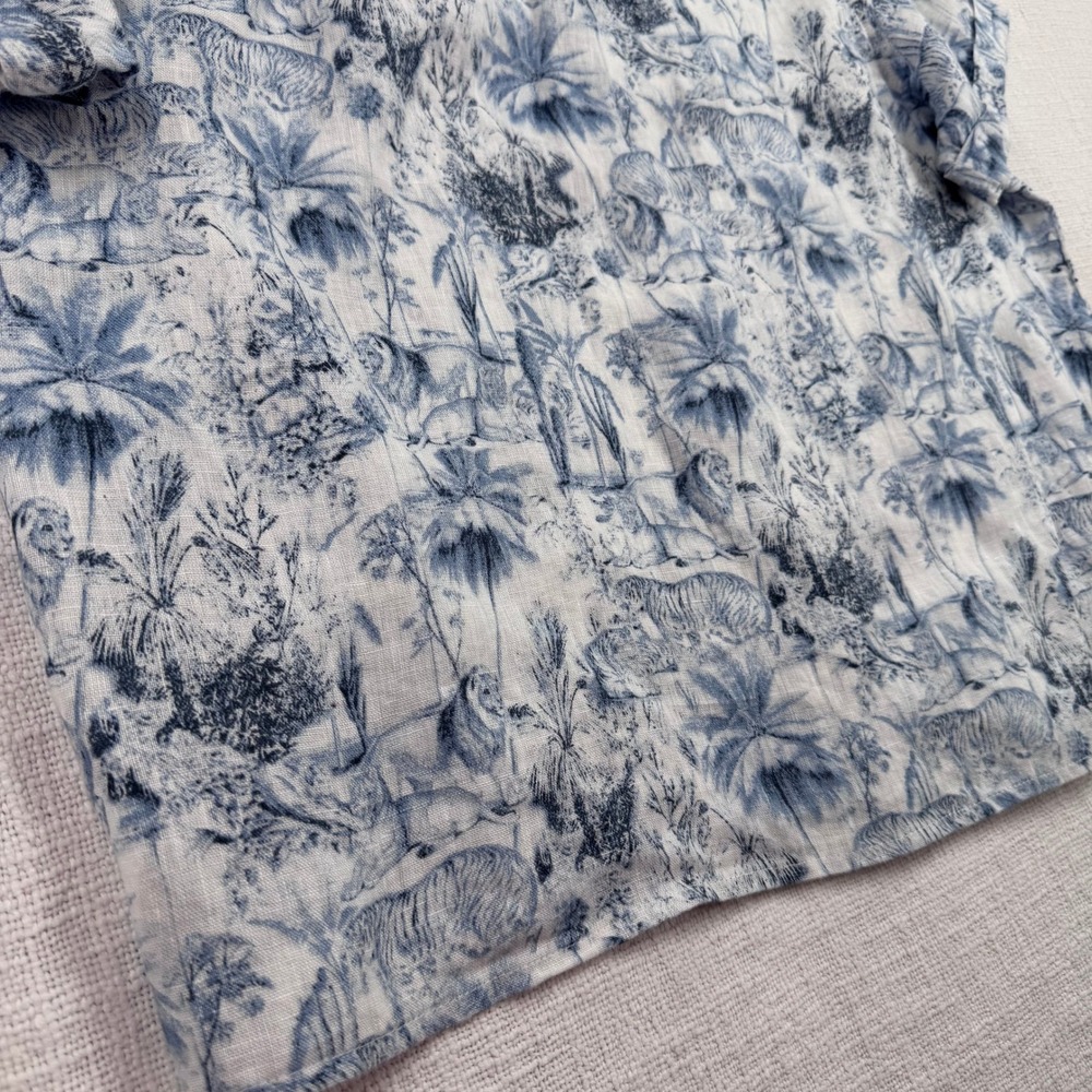 Rachel Zoe 100% Linen Blue White Toile Jungle Print Button Down Women's Large - Picture 9 of 9